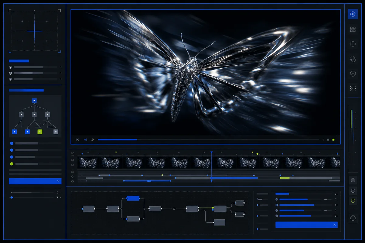 A precise dark creative workspace with editing controls, timeline, and visible routes