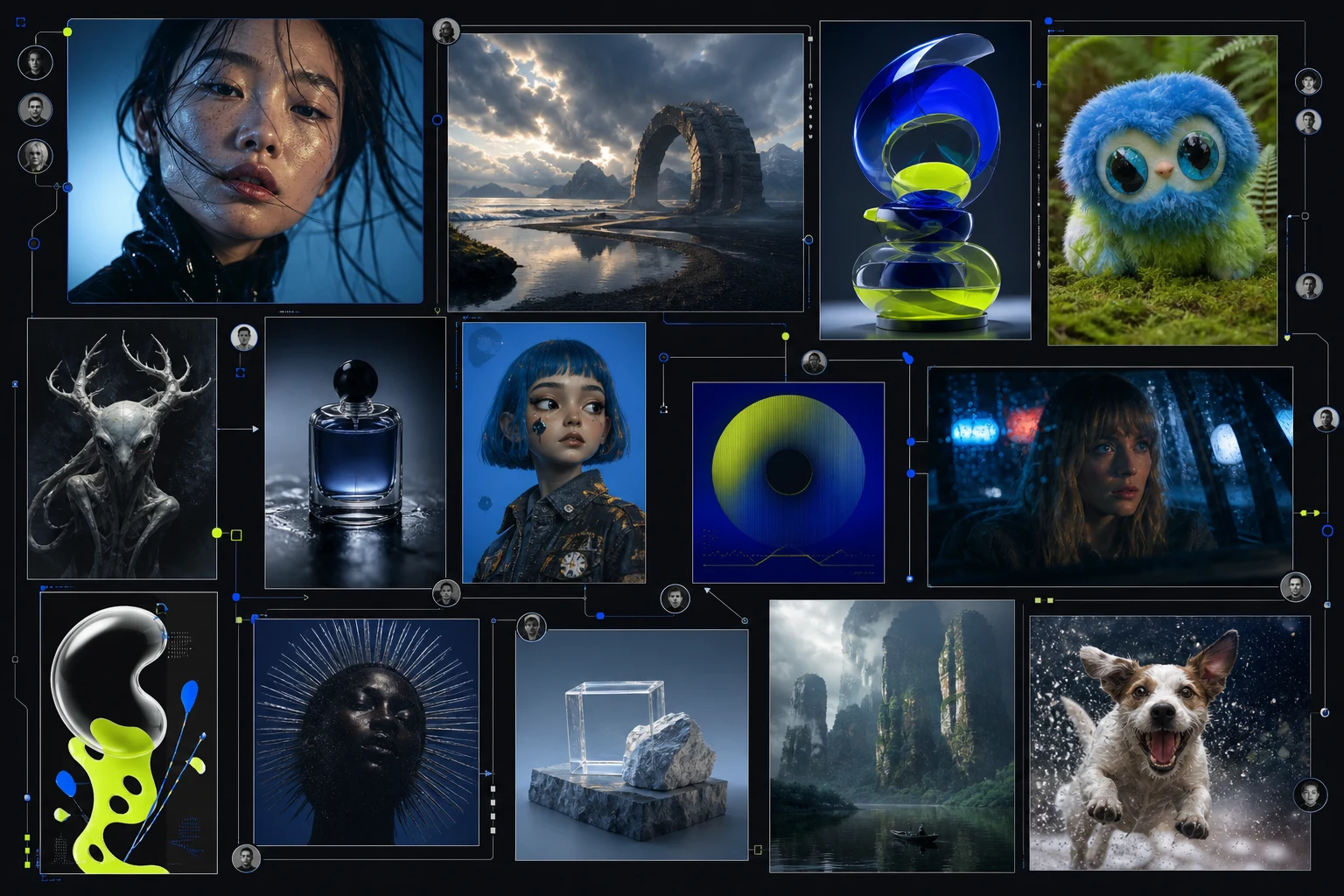 A dense collage of varied creator portraits, characters, products, landscapes, film stills, and abstract media connected by subtle credit and remix lines