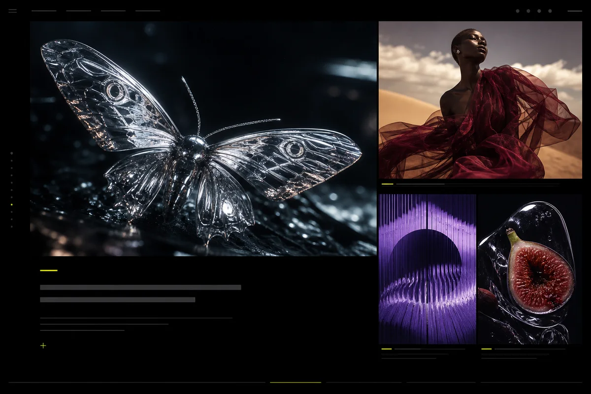 A tightly art-directed sequence of cinematic imagery in a dark editorial frame